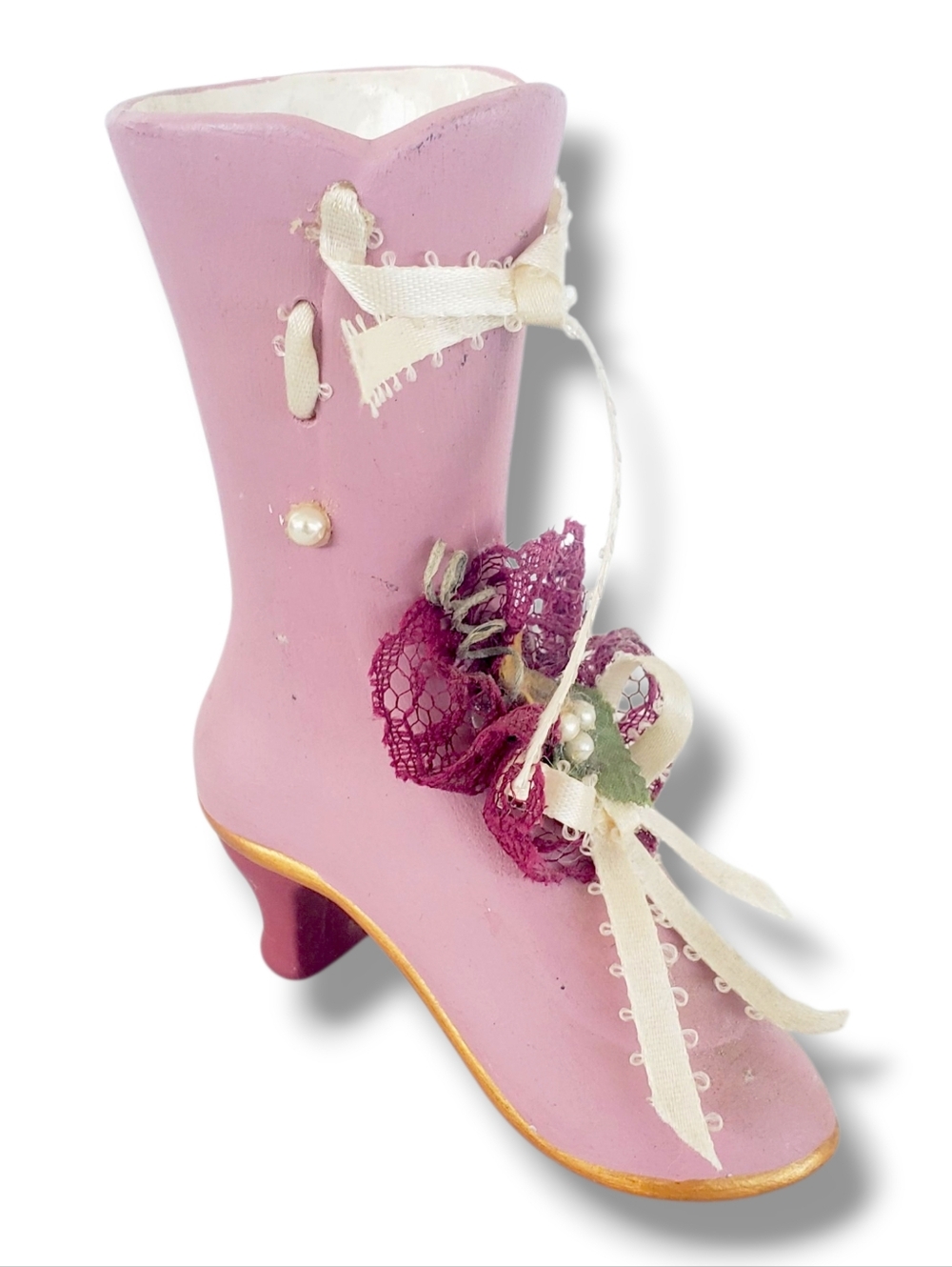 RA Collectible Resin Miniature Victorian Pink Shoe Flowers 2.5" High Heel